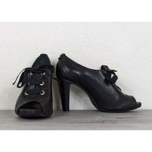 Antonio Melani Clare Womens Black Leather Embossed Lace Up Peep Toe Heels sz 6.5 - Picture 4 of 11
